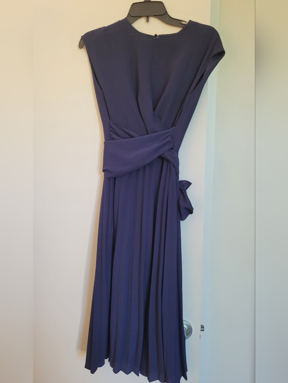 Maggy London, Size 4 Petite, Elegant Navy Blue Women's Pleated Wrap Dress